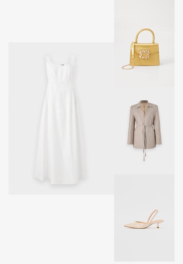 Fénybézs, szabott zakó textúrált anyagból, amelynek jellegzetes a nyaka, elöl gombokkal, állítható derékpánttal és hosszú ujjakra van tervezve.; Fehér, ujjatlan ruha négyzett nyakkivágással, övvel hangsúlyozott derékkal és bővülő szoknyával. Simaságával és letisztult, elegáns formájával tűnik ki.; Bézs színű lakkbőr slingback magassarkú cipők hegyes orral és vékony, négyzetes sarkú dizájnnal. Simább textúra és minimalista stílus, díszítések nélkül.; Sárga műbőr krokodil mintás kézitáska strukturált kialakítással, felső fogantyúval, leválasztható lánccal és díszes kristály díszítéssel a záron.