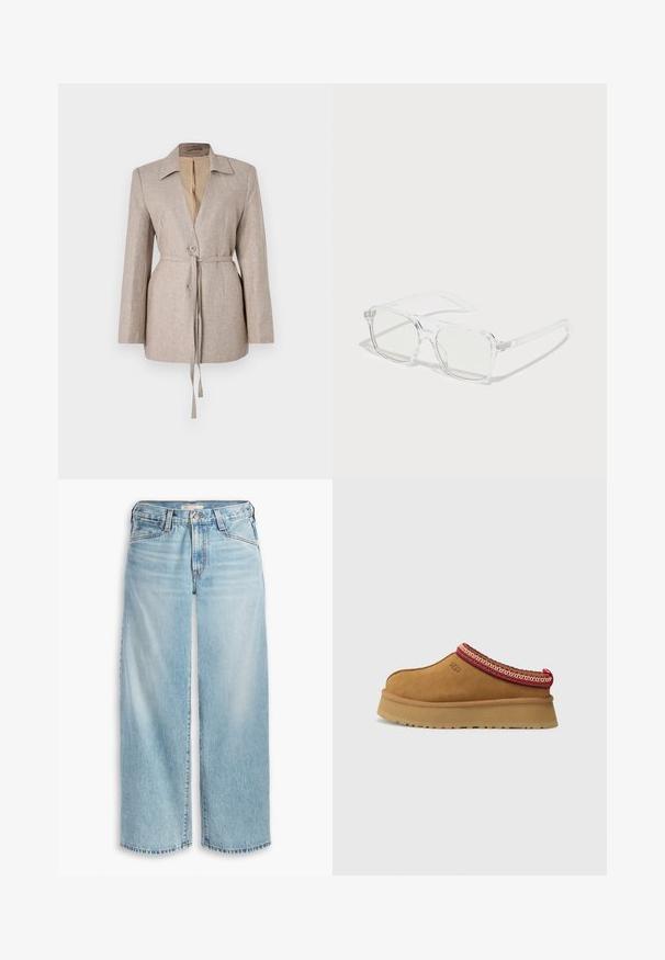 Světlý béžový sak vyrobený z texturované tkaniny, s klopovým límcem, předními knoflíky, nastavitelným páskem v pase a dlouhými rukávy.; Šedý pletený rolák s ribovanou texturou, dlouhými rukávy a volným střihem. Materiál vypadá měkký a silný. Spodní lem je rovný.; Svetle modré široké džíny z denimu, s vysokým pasem, knoflíkovým zapínáním a roztrhaným lemem. Viditelné švy a kapsy.; Hnědé semišové slip-on boty s červeným a krémovým vzorovaným lemem, texturovanou podrážkou a logem UGG po straně. Obsahují mírnou výšku platformy.; Čiré obdélníkové sluneční brýle s průhlednými rámy, světlezelenými skly a jemnými detaily na nožičkách. Lehký design, moderní tvar.; Černá kožená kabelka přes rameno s texturovaným povrchem, řetízkovým popruhem a cvočkovým detailem na spodní části. Obdélníkový tvar s kapsou na zip.