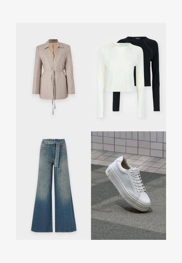 Blazer ajustado em bege claro, em tecido texturizado, com gola de lapela, botões à frente, faixa ajustável na cintura e mangas longas.; Duas camisetas de manga longa, uma em branco e outra em preto. Ambas têm decotes redondos e fechos decorativos nos ombros. Tecido suave.; Calças de ganga de perna larga com um gradiente de azul claro a escuro, cintura alta, passantes para cinto e um cinto de tecido a condizer. Acabamento em ganga texturizada.; Sapatilhas de couro branco com um design de baixo, atacadores planos, bico arredondado e lados texturizados. Sola de borracha espessa com detalhes subtis.