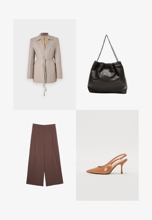 Jasnobeżowa marynarka o dopasowanym kroju z teksturowanej tkaniny, z kołnierzem z wycięciem, przednimi guzikami, regulowanym paskiem w talii i długimi rękawami.; Biała koszula z krótkim rękawem, wykonana z miękkiego materiału, z okrągłym dekoltem i prostym, minimalistycznym wzornictwem bez widocznych wzorów czy akcentów.; Brązowe spodnie o szerokich nogawkach z gładką fakturą, z wysokim stanem i plisami z przodu. Materiał jest lekki i luźno opada.; Sandały na obcasie z kwadratowym noskiem, wykonane z gładkiego, błyszczącego materiału w kolorze brązowym. Charakteryzują się zaokrąglonym wycięciem i smukłym obcasem typu stiletto. Detal w postaci srebrnej klamry.; Brązowa skórzana torba z marszczonym szczytem i łańcuszkowym paskiem. Gładka tekstura z błyszczącym wykończeniem i subtelnymi detalami szwów po bokach.