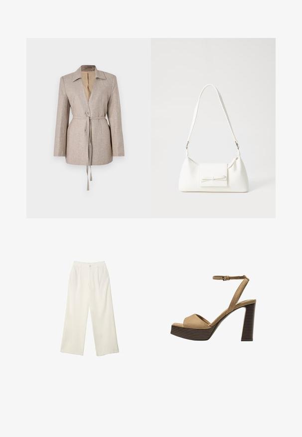 Vaaleanbeige räätälöity bleiseri teksturoidusta kankaasta, jossa on lovettu kaulus, edessä napit, säädettävä vyö ja pitkät hihat.; Lyhythemmtä, pyöreäkauluksista valkoista t-paitaa, joka on valmistettu pehmeästä puuvillasta. Paidassa on yksinkertainen, selkeä muotoilu ilman näkyviä kuvioita tai korostuksia.; Kermanhousut vaaleassa kankaassa, jossa on sileä rakenne, yksittäinen etunappi, hienovaraiset laskokset ja korkea vyötärömuotoilu.; Beige-nahkareunaiset korkokengät, joissa on leveä etuolka ja ankle strap, varustettu paksulla puukengän korolla, jossa on tekstuuripinta.; Valkoinen synteettinen käsilaukku, jossa on kolmikulmainen muoto, tasainen etu läppä ja nauhadetail, säädettävä olkahihna, sileä rakenne ja minimalinen muotoilu.