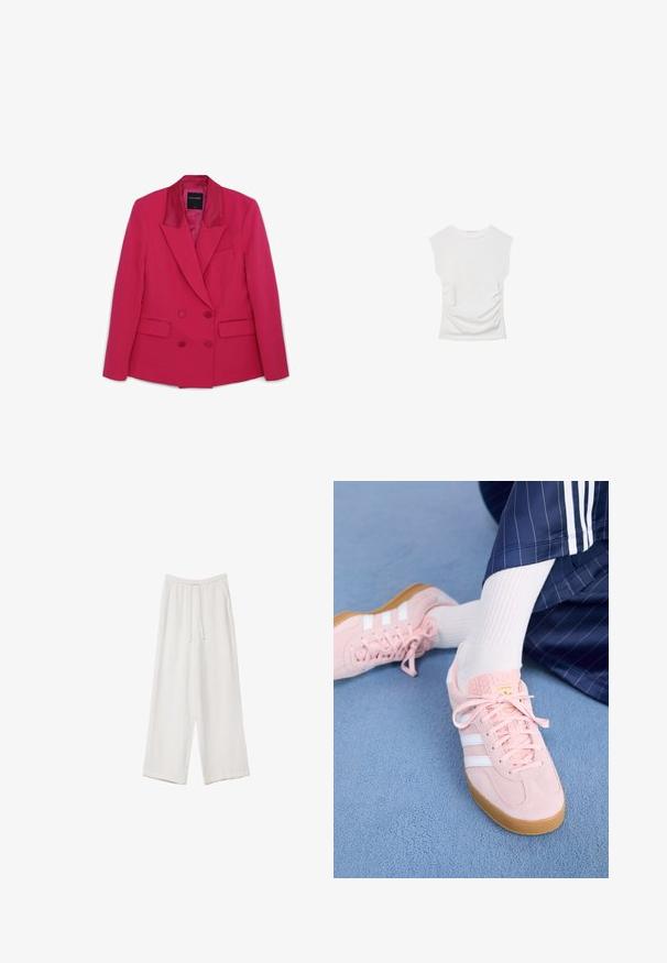 Blazer double boutonnage rose vif avec revers en satin, deux poches avant et une poche poitrine unique. Coupe ajustée avec une forme structurée.; Haut blanc à manches courtes avec un col rond. Doté d'une texture froncée sur les côtés et d'une silhouette ajustée, fabriqué à partir d'un matériau doux et extensible.; Pantalons larges blancs en tissu léger. Dotés d'une taille élastique avec cordon de serrage et de poches latérales. Texture lisse.; Des sneakers en daim rose clair avec des rayures et des lacets blancs, dotés d'une languette texturée et d'une semelle en gomme, posées sur un tapis bleu.