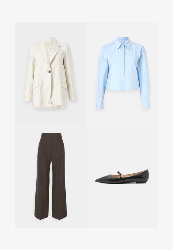 Beige pinstreifet blazer med notched lapels, enkelt knappestolpe og to frontlommer. Laget av et glatt stoff med en skreddersydd passform.; Lyseblå, kortermet skjorte med lange ermer og krage med knapper, laget av glatt stoff. Har en frontplacket og strukturerte mansjetter.; Mørkebrun vidde bukser med høy midje, utstyrt med pent pressede folder, glatt tekstur og skreddersydd passform.; Sorte læderballetsko med spids tå og en sidelås med en cirkulær guldfarvet detalje. Letvægtig med flad sål.