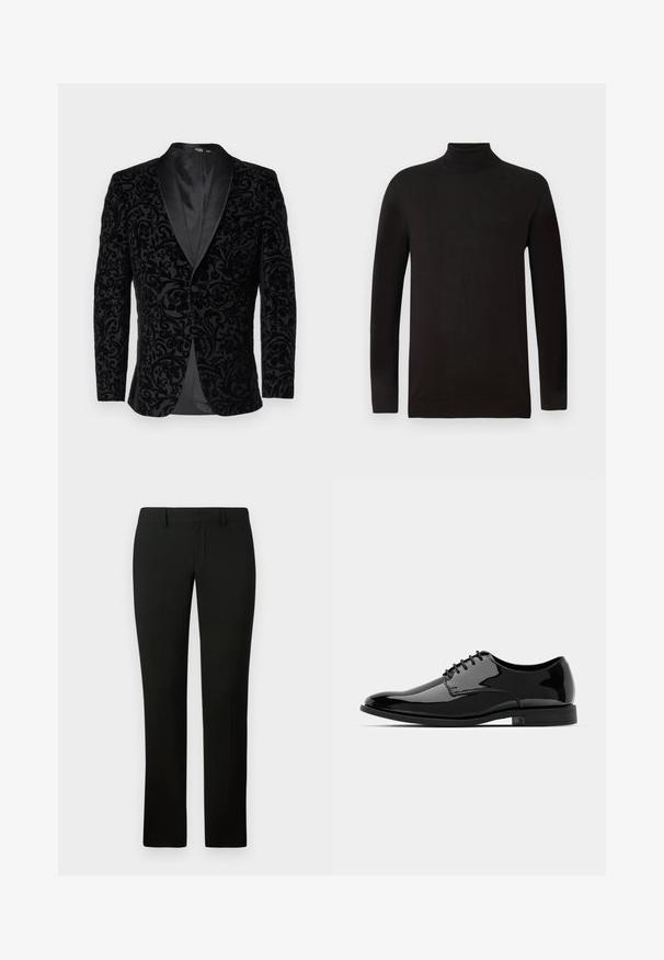 Selected Homme SLHSLIM EDDIE SHAWL - Dressjakke - black; Svart genser med høy hals i mykt strikket stoff. Har lange ermer og en tettsittende design med en ribbete krage og liv. Minimal merking.; Svarte bukser med tilpasset passform, med en jevn tekstur og rette ben. Livremmen har beltestropper og en ren finish.; Svart lakkskinn dressko med rund tå, snøring og glatt, blank overflate. Den har en lav, gummisåle.