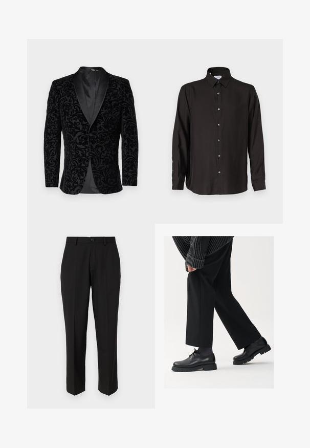 Selected Homme SLHSLIM EDDIE SHAWL - Suknjič - black; Črna dolga majica z dolgimi rokavi, izdelana iz gladkega materiala, z zapenjanjem na gumb, koničastim ovratnikom in zaobljenim robom z kontrastnimi gumbi.; Črne hlače iz gladkega blaga, s straight leg krojem, sprednjimi žepi, enojnim gumbom za zapiranje in brez vidnih vzorcev.; Črne usnjene čEvlje s zaobljenim nosom, zavezovanjem in debelim, teksturiranim podplatom. Obute z urejenimi črnimi hlačami in rebrastim puloverjem.