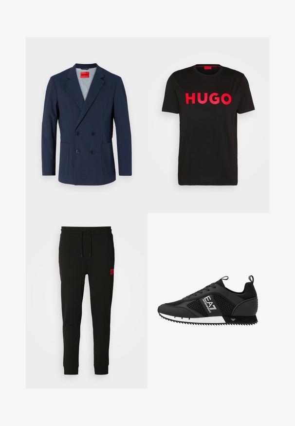 Tummansininen kaksirivinen bleiseri, jossa on viisto kaulus, kaksi etutaskua ja mustat napit. Sisäpuolella on vaaleansininen vuori.; Musta puuvillainen t-paita, jossa on rohkea punainen "HUGO" -teksti edessä, lyhyet hihat, pyöreä kaula-aukko ja rento istuvuus.; Mustat collegehousut, jotka on valmistettu pehmeästä kankaasta, jossa on nyörikiinnitys vyötäröllä, slim fit -malli ja punainen logopatchi vasemmassa reidessä.; EA7 Emporio Armani Matalavartiset tennarit - black/white