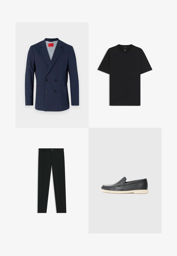 Navy blue double-breasted blazer with a notched lapel, two front pockets, and black buttons. Interior features a light blue lining.; Black short-sleeve T-shirt made from a smooth cotton blend, featuring a crew neckline and a minimalistic design with no patterns or accents.; Black dress pants with a straight-leg design, made of smooth fabric. Features a front button closure and belt loops. Plain without patterns.; Black leather slip-on loafers with a textured finish and a contrasting beige rubber sole. Features a subtle accent along the front.