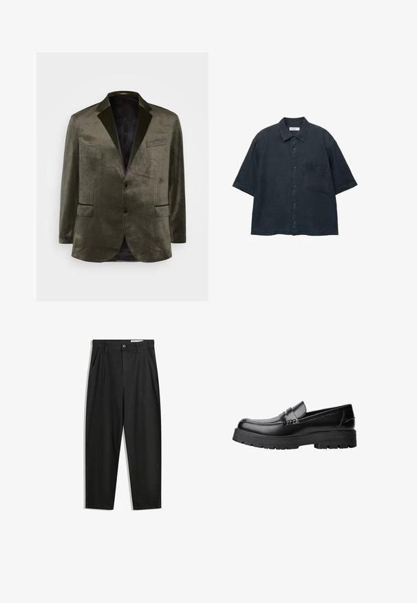 Světlé olivově zelené sametové sako s klopami, dvěma předními kapsami a zapínáním na jeden knoflík. Hladká textura a saténová podšívka.; Tmavě modrá košile s krátkým rukávem na knoflíky vyrobená z lehkého materiálu, s náprsní kapsou a klasickým designem límce.; Černé bavlněné kalhoty s uvolněným střihem, klasickým pasem, předními záhyby a bočními kapsami. Hladká textura bez vzorů.; Černé kožené mokasíny s masivní podrážkou a dekoračním páskem přes horní část, zobrazené v levém bočním profilu na bílém pozadí.