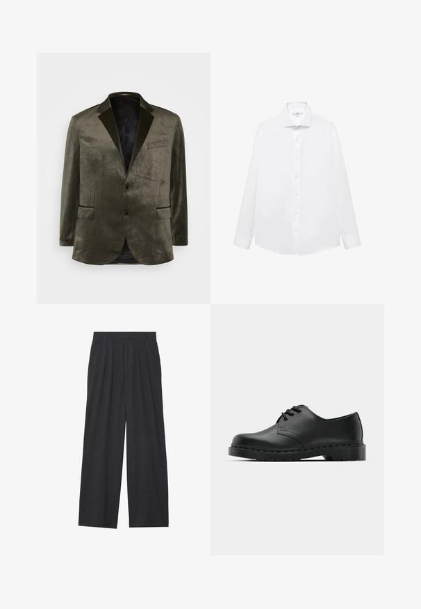 Olijfgroene velours blazer met geknipte revers, twee voorzakken en een enkele knoopsluiting. Soepele textuur en satijnen voering.; Witte lange mouwen overhemd gemaakt van zachte katoen, met een puntige kraag, voorknopsluiting en rechte zoom.; Wijd-uitlopende broeken van donkergrijze stof. Kenmerken zijn plooien bij de taille, een tailor-made ontwerp en een rechte silhouet.; Zwarte leren oxford schoenen met vetersluiting, ronde neus, platte rubberen zool en subtiele stiksel details langs het bovenwerk.