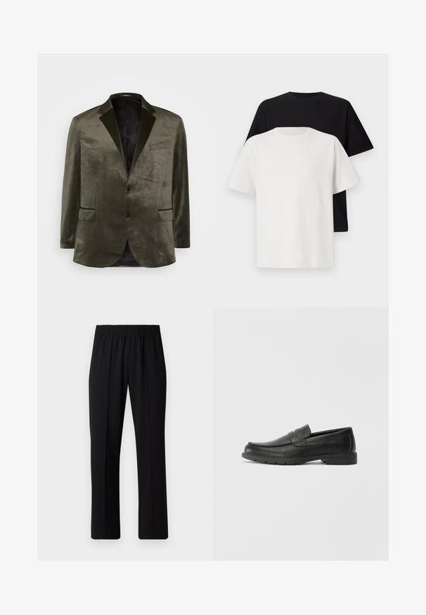 Olive green velvet blazer with notched lapels, two front pockets, and a single button closure. Smooth texture and satin lining.; Cotton t-shirt set featuring a black top and a white top, both with short sleeves, round neckline, and standard fit. Textured fabric.; Black, elastic-waist trousers with a straight-leg design, featuring a smooth texture and no visible patterns or hardware.; Black leather loafers with a smooth finish, moccasin-style upper, stitched detailing, and a rubber sole. Classic design with a low heel.