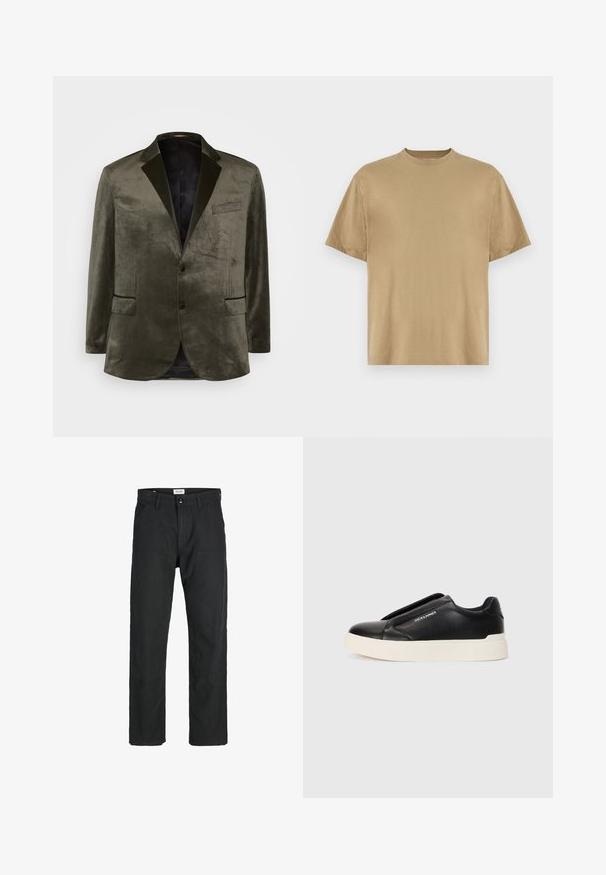 Olívazöld bársony blézer, lekerekített hajtókákkal, két elülső zsebbel és egysoros gombolással. Sima textúra és selymes bélés.; Khaki színű, rövid ujjú póló, puha anyagból készült, kerek nyakkivágással és lazább fazonnal. Minták vagy grafikák nem láthatók.; Fekete nadrág tartós anyagból, egyenes szárú kialakítással, varrott díszítésekkel és két elülső zsebbel a funkciók érdekében.; Fekete slip-on sneaker, textúrált bőrfelsővel, fehér gumitalppal és láthatatlan fűzőkkel. Az oldalon a márka logója található.