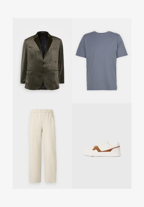 Alyvuogių žalią aksominę švarką su įpjautais atlapais, dviem priekinėm kišenėm ir vieno mygtuko uždarymu. Sklandus paviršius ir satino pamušalas.; Pilkas trumpas rankovėmis marškinėliai su apvaliu kaklu, pagaminti iš švelnaus medvilnės mišinio. Paprastas dizainas, be raštų ar akcentų.; Smėliniai plačiakelniai kelnes su elastinga juosta, pagamintos iš minkštos medžiagos. Yra lygi tekstūra ir nėra matomų raštų ar detalių.; Baltos sportbačiai su rudos zomšos akcentais, pasižymintys tekstūruotu paviršiumi, apvalia nosimi, storu padu ir tradiciniu raiščiais.