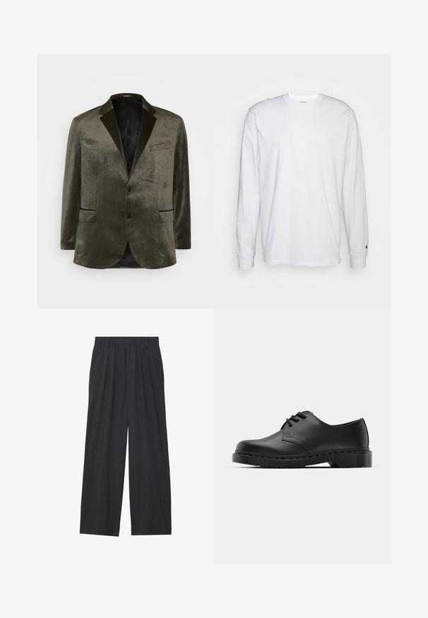 Olijfgroene velours blazer met geknipte revers, twee voorzakken en een enkele knoopsluiting. Soepele textuur en satijnen voering.; Witte lange mouwen T-shirt van katoen. Ronde hals ontwerp met ribgebreide manchetten en een klein logo op de linkermouw. Gladde textuur.; Wijd-uitlopende broeken van donkergrijze stof. Kenmerken zijn plooien bij de taille, een tailor-made ontwerp en een rechte silhouet.; Zwarte leren oxford schoenen met vetersluiting, ronde neus, platte rubberen zool en subtiele stiksel details langs het bovenwerk.