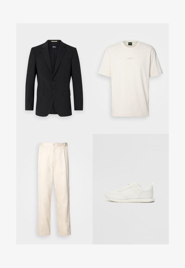 Černý blejzer s propracovaným designem, dvěma knoflíky a límcem s výřezem. Obsahuje jednu náprsní kapsu a dvě přední kapsy.; BOSS TEE - Jednoduché tričko - open white; Bežové bavlněné kalhoty se střihy rovného nohavice, s knoflíkovým zapínáním a záhyby vpředu pro zvýraznění detailu.; Bílé tenisky s vrchní částí z síťoviny a syntetického materiálu, kulatou špičkou, plochými tkaničkami a texturovaným bočním pruhem. Gumová podrážka s poutkem vzadu.