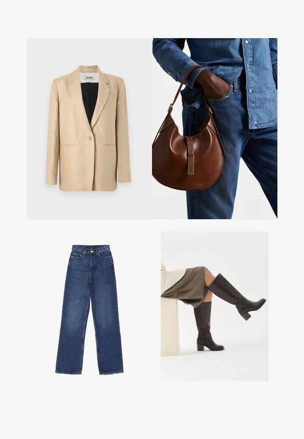 Beige blazer made of light fabric with a notched lapel, single button closure, and two front pockets. Interior is black.; Polo Ralph Lauren CABLE-KNIT WOOL-CASHMERE CARDIGAN - Cardigan - authentic cream; Two sleeveless ribbed turtleneck tops in brown and black, displayed on a plain white background.; Wide-leg blue denim jeans with a high waist, featuring a button closure, five pockets, and subtle fading on the fabric.; Brown leather knee-high boots with a square toe, chunky heel, and side zipper. Smooth texture with a polished finish.; Brown leather hobo bag with a rounded shape, featuring a gold hardware accent and contrast stitching. Paired with a denim shirt and jeans.