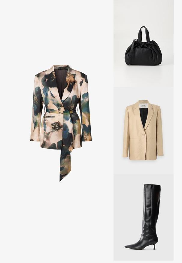 Beige blazer van lichte stof met een geknipt revers, enkele knoopsluiting en twee voorzakken. Binnenkant is zwart.; Blazer met bloemenpatroon van zachte stof, voorzien van een getailleerde taille met ceintuur, ingezette revers en twee voorzakken in gedempte kleuren.; Zwarte leren kniehoge laars met een spitse neus en slanke gebogen hak. Gladde textuur, aansluitend ontwerp en geen zichtbare hardware of patronen.; Zwarte leren handtas met een geplooid ontwerp aan de bovenkant, voorzien van twee korte handvatten en een lange verstelbare schouderband. Gladde textuur, ronde vorm.