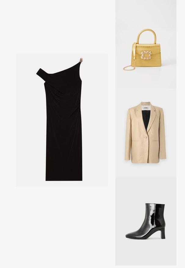 Beige blazer made of light fabric with a notched lapel, single button closure, and two front pockets. Interior is black.; Black one-shoulder dress made of draped fabric featuring a gold accent on the shoulder, smooth texture, and knee-length design.; Black patent leather ankle boot with a pointed toe and a mid-height block heel. Smooth texture and minimalist design.; Yellow faux-crocodile handbag with a structured design, top handle, detachable chain strap, and decorative crystal embellishment on the clasp.