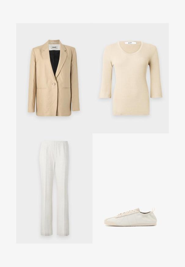 Beige blazer made of light fabric with a notched lapel, single button closure, and two front pockets. Interior is black.; Beige ribbed long-sleeve top with a scoop neckline. The texture is smooth and fitted. Flared cuffs add a subtle design detail.; Light-colored, straight-leg trousers with a smooth texture, featuring front pleats and a clean waistband design.; Cream leather sneaker with a rounded toe, lace-up design, textured accents, and textured rubber sole featuring zigzag traction pattern.
