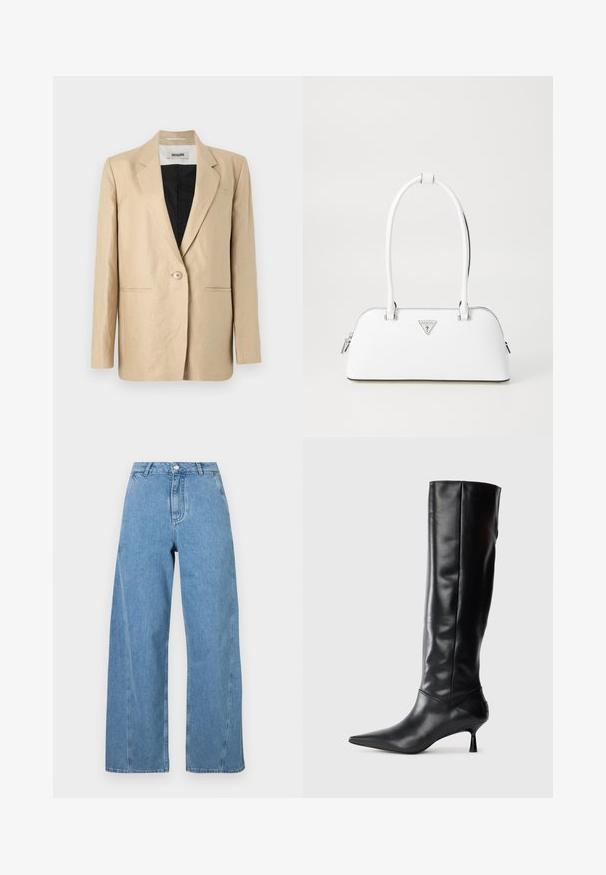 Beige blazer lavet af let stof med en skræddersyet krave, enkelt knaplukning og to frontlommer. Indvendig er den sort.; Grå strikket sweater med en kattegrafik i sort og beige, med ordet "Future" i pink henover fronten.; Lyseblå brede jeans i denim, med højt liv, lige snit og kontrasterende syninger langs sømmene.; Sorte læder knæhøje støvler med spids tå og slank buet hæl. Glat tekstur, tætsiddende design og ingen synlig hardware eller mønstre.; Hvid lædertaske med en buet form, der har et sølvtrapezlogo og lynlåslukning. Glat tekstur og dobbelthåndtag.