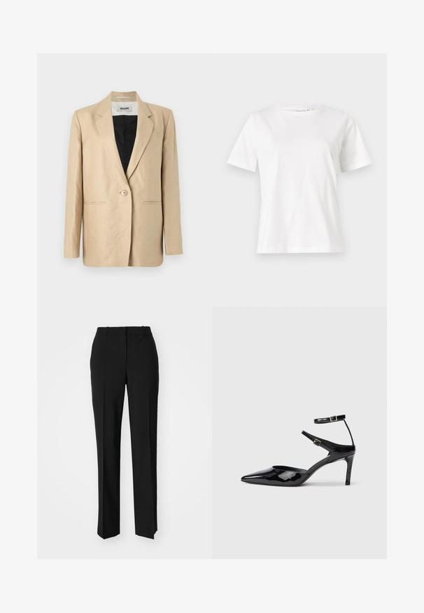Beżowa marynarka wykonana z lekkiego materiału, z klapami w szpic, na pojedynczy guzik oraz dwoma przednimi kieszeniami. Wnętrze jest czarne.; Biała bawełniana koszulka z krótkim rękawem, okrągłym dekoltem i luźnym krojem. Gładka tekstura, brak wzorów lub dodatków, minimalistyczny design.; Czarne spodnie o dopasowanym kroju z prostymi nogawkami, o gładkiej fakturze i wyraźnych zagięciach z przodu. Bez widocznych elementów metalowych.; Czarne lakierowane szpilki z ostrym noskiem, regulowanymi paskami wokół kostki i smukłą szpilką. Gładka tekstura z błyszczącym wykończeniem.