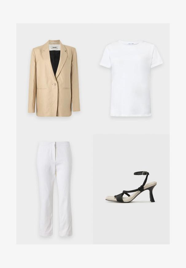 Beige blazer made of light fabric with a notched lapel, single button closure, and two front pockets. Interior is black.; White short-sleeve t-shirt made of cotton with a crew neck design. Smooth texture and straight cut, no patterns or accents.; White cotton pants with a straight leg design, featuring a mid-rise waist and no visible hardware or patterns. Smooth texture throughout.; Black heeled sandal with braided strap design, square toe, and adjustable ankle strap. Light beige footbed with a glossy black heel.