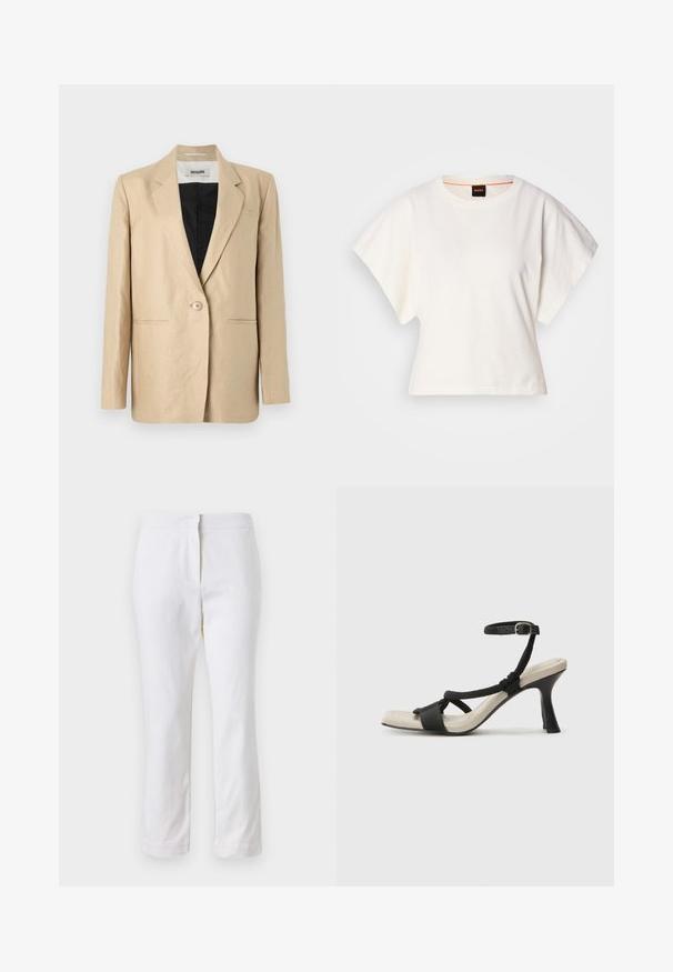 Beige bleiser, mis on valmistatud kergetest materjalidest, notšitud kraega, ühe nupuga kinnitatud ja kahe esipocketiga. Siseosa on must.; Valge lühikeste laiadte varrukatega lühike T-särk, pehme puuvillane materjal, ümar kaelus kergelt oranži ääristusega, minimaalne disain, ilma mustrite ja graafikateta.; Valged puuvillased püksid sirge lõikega, keskmise kõrgusega vöökoht ja ilma nähtavate detailide või mustriteta. Ühtlane sile tekstuur.; Mustad musta kontsaga sandaal, millel on punutud rihma disain, ruudukujuline varvas ja reguleeritav pahkluu rihm. Heleda beeži värvi jalapadi ja läikiv must konts.