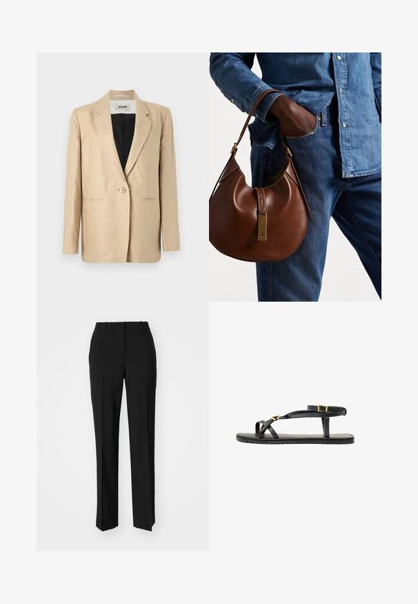 Blazer beige hecho de una tela ligera con solapa con muesca, cierre de un solo botón y dos bolsillos en la parte frontal. El interior es negro.; Top sin mangas en un suave beige, con una textura acanalada y un escote alto y fruncido. La silueta ajustada realza la figura.; Pantalones negros ajustados con un diseño de pierna recta, que presentan una textura suave y pliegues nítidos en el frente. Sin herrajes visibles.; Sandalias de cuero negro con tiras delgadas y una correa de tobillo con hebilla. Suela plana con un acabado texturizado y borde en zigzag. Diseño minimalista.; Bolso hobo de cuero marrón con forma redondeada, que cuenta con un acento de hardware dorado y costuras en contraste. Combinado con una camisa de mezclilla y vaqueros.