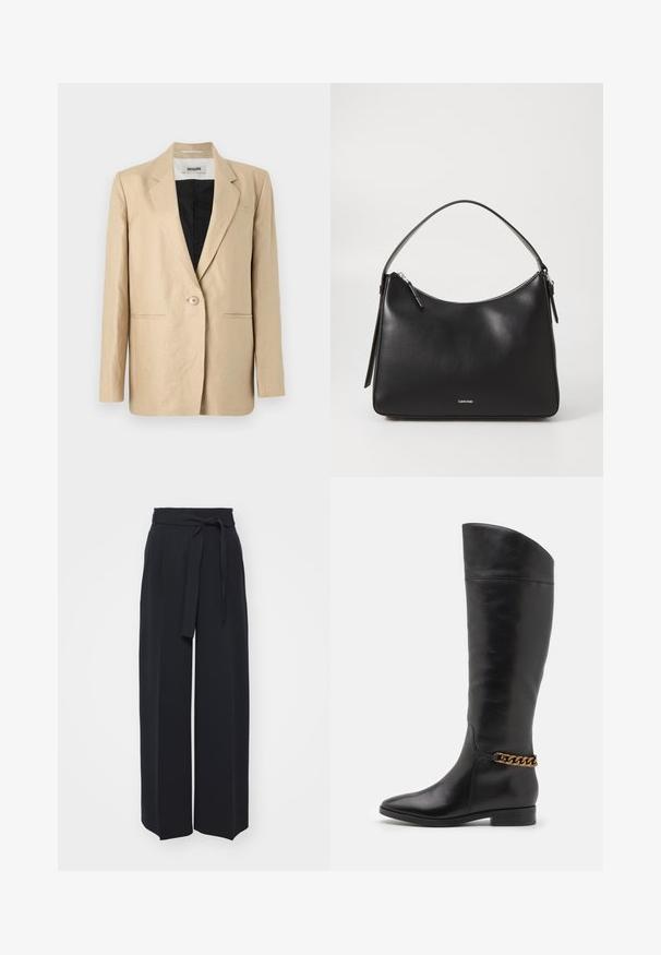 Beige blazer lavet af let stof med en skræddersyet krave, enkelt knaplukning og to frontlommer. Indvendig er den sort.; Hvid ærmeløs tanktop lavet af ribbet stof, med en rund halsudskæring og en tætsiddende silhuet, med minimale sømme og ingen pynt.; Vide sorte bukser lavet af blød stof. Har en bælteholdbar talje og frontfolder. Glat tekstur med et rent, moderne design.; Høje sorte læderstøvler med et slankt design, spids tå og en guld kædeaccent ved anklen. Lav blokhæl. Glat overflade.; Sort læder skuldertaske med en glat overflade, buet top, lynlåslukning og et diskret logo foran. Har en enkelt flad håndtag.