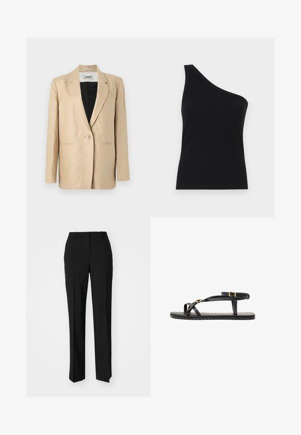 Kreminės spalvos švarkas, pagamintas iš lengvos medžiagos, su įpjovimu ant apykaklės, vienu mygtuku ir dviem priekinėmis kišenėmis. Viduje juodas.; Juosmens juodos spalvos ribotuvas su viena petnešėle, tinkamu dizainu ir minkšta tekstūra. Išskirtinis švarus, minimalistinis kirpimas ir sklandus iškirpimas.; Juodi pritaikyti kelnių modeliai su tiesiomis kojomis, pasižyminčios lygiomis tekstūromis ir ryškiomis klostėmis priekyje. Nėra matomų detalių.; Juodos odinės šlepetės su plonais dirželių ir reguliuojamu kulkšnies dirželiu. Plokščias padas su tekstūruotu paviršiumi ir zigzaginiu kraštu. Minimalistinis dizainas.