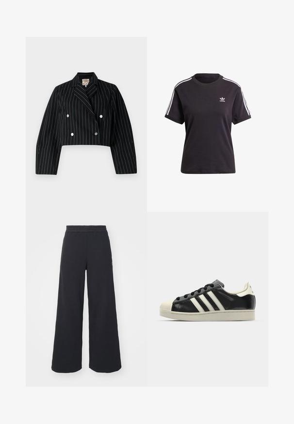 Krojena dvoredna jakna iz črne tkanine z navpičnimi modrimi črtami, opremljena s srebrnimi gumbi in ovratnikom s krpico.; Črna bombažna kratkotrajna majica s kratkimi rokavi in okroglim izrezom, ki ima bele črte na ramenih in majhno belo Adidasovo logo na prsih.; Črne široke trenirke iz mehkega blaga, z elastičnim pasom in majhnim logotipom na levi strani.; Črne usnjene superge z belimi črtami, gumijastim pokrovom za prste, črnimi vezalkami in kremasto obrobo podplata. Gladka tekstura z sijočim zaključkom.