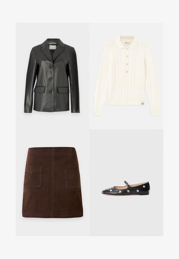 Čierny faux kožený blejzer s vystúpeným golierom, predným zapínaním na štyri gombíky a dvoma prednými vreckami. Hladká textura a upravený strih.; Krémový sveter s pleteným vzorom a golierom, s prešívaním na štyri gombíky, s rebrovanými manžetami a malou nášivkou loga na okraji.; Hnedá semišová sukňa s klasickým A-silhouette, dvoma prednými vreckami so zaoblenými klapkami a jemnými detailmi prešitia.; Čierne kožené baleríny typu Mary Jane s okrúhlou špičkou, so striebornými kruhovými cvokmi a nastaviteľným remienkom so sponou.