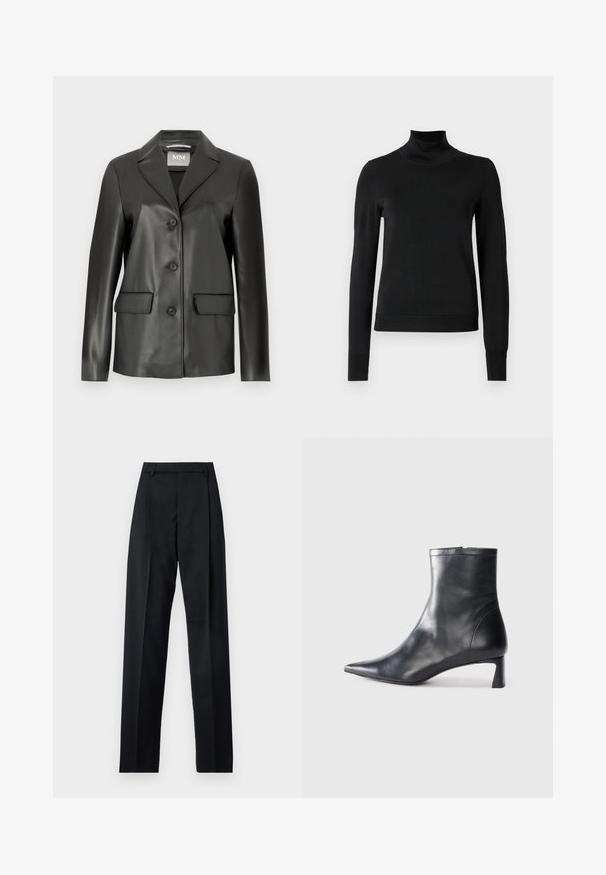 Melnā mākslīgā ādas žakete ar izgrieztu apmali, četriem pogu aizdari un divām priekšējām kabatām. Gluda tekstūra un pielāgota forma.; Melnas garām piedurknēm turtlenecks džemperis ar ribotām aprocēm un apakšmali, attēlots uz vienkārša balta fona.; Melnas bikses, izgatavotas no gludas auduma, ar augstu vidukli, platiem bikšu galdniekiem, priekšējiem krokām un klasiskām jostu cilpām. Sānu kabatas nav redzamas.; Melnas ādas potītes zābaki ar norādītu pirkstu un elegantu dizainu. Iezīmē zemu papēdi un rāvējslēdzēja aizdari aizmugurē. Gluda tekstūra.