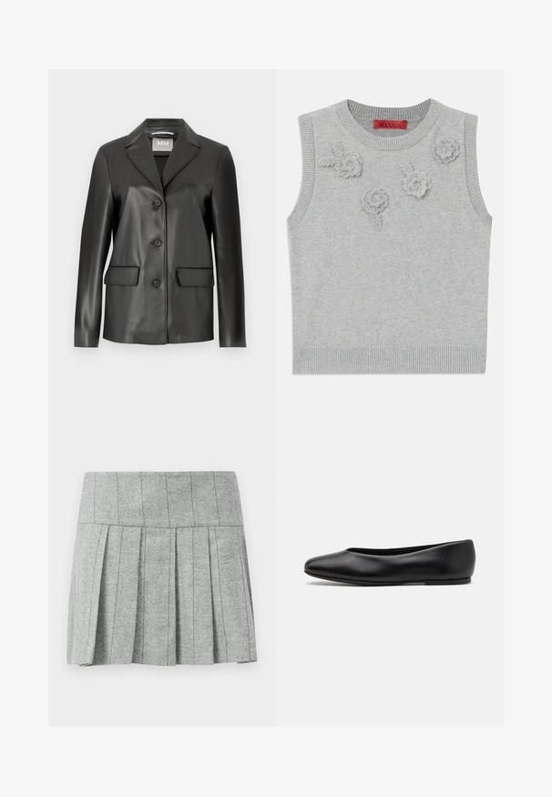 Musta keinonahkablazeri, jossa on viistetyt läpät, neljän napin etukiinnitys ja kaksi etutaskua. Sujuva pinta ja muotoiltu leikkaus.; Vaaleanharmaa hihaton neule, jossa on ribbauspääntie ja -helmus. Edessä on kolme teksturoitua kukka-applikoitua. Brändilogo: MAX&Co.; Harmaa ryppyhamonen, joka on valmistettu siikasahrapuuvillasta; siinä on rakenteellinen vyötärönauha ja suora leikkaus alareunassa.; Paul Smith TOPANGA - Ballerinat - black