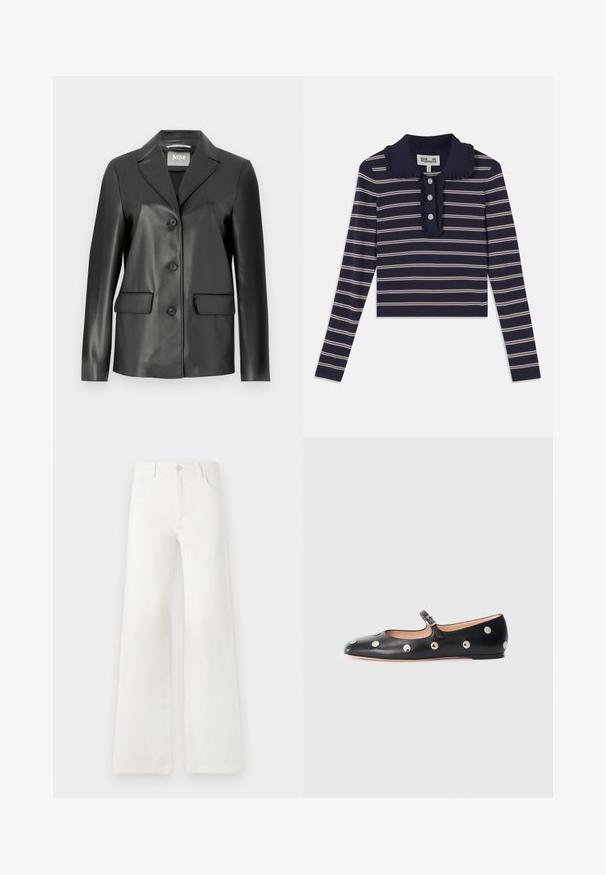 Crni sako od umjetne kože s reverima, prednjim dijelom na četiri dugmeta i dva prednja džepa. Glatka tekstura i kroj prilagođen figuri.; Mornarica dugih rukava s ružičastim horizontalnim prugama, volanastim ovratnikom i prednjim kopčanjem s tri gumba; izrađena od mekanog, rastezljivog materijala.; Bijele, visokotalasne široke traperice. Imaju kopčanje na dugme, dva prednja džepa i bočne šavove s detaljima šivanja.; Crne kožne Mary Jane balerinke s zaobljenim vrhom, koje sadrže srebrne kružne zakovice i podesivu traku s kopčom.
