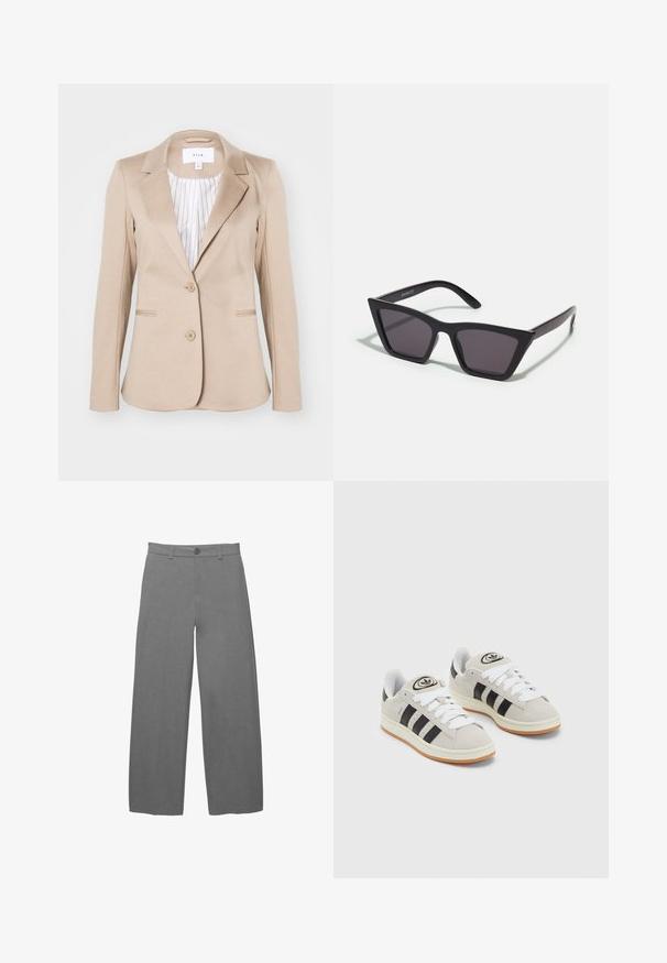 VILA VISAGA - Blejzr - silver mink; Tři trička s dlouhým rukávem naskládaná na sobě: černé, šedé a bílé. Každé má kulatý výstřih a kratší střih z hladkého, lehkého materiálu.; Světle šedé kalhoty s širokými nohavicemi z hladké, texturované látky, s předním zapínáním na knoflík a poutky na opasek v pase.; Šedé semišové tenisky s bílými tkaničkami, černými pruhy a bílou gumovou podrážkou. Mají kulaté logo na jazyku a gumovou podrážku.; Černé, ostré sluneční brýle s šedými skly; vyrobené z plastu, s mohutnými rameny a hladkým povrchem bez viditelného hardwaru.