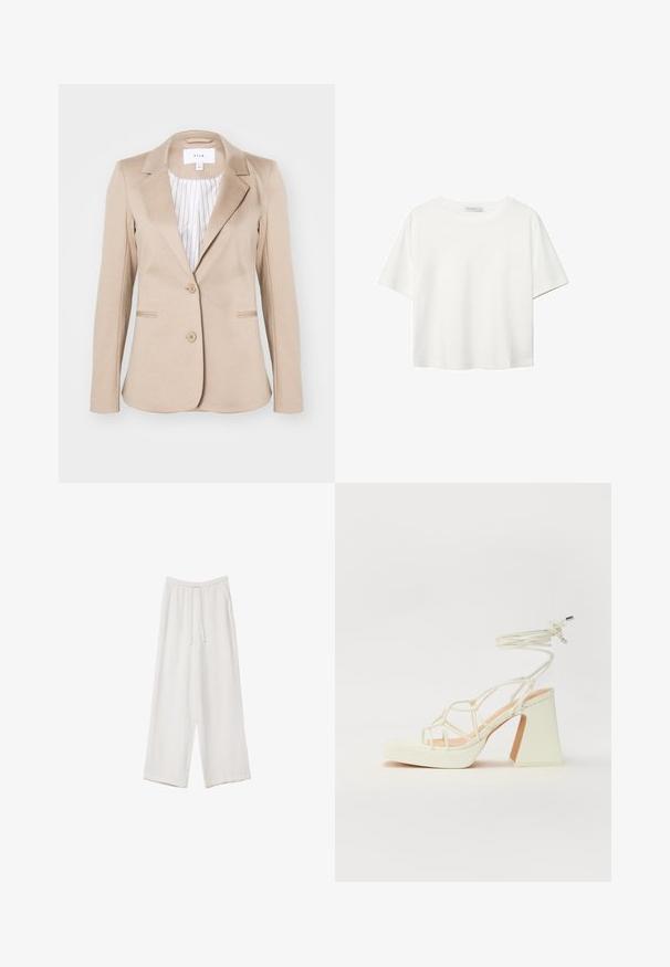 VILA VISAGA srebrny; Biała koszulka z krótkim rękawem, wykonana z bawełny. Posiada okrągły dekolt i luźny krój. Gładka faktura bez widocznych wzorów czy akcentów.; Białe spodnie o szerokich nogawkach wykonane z lekkiego materiału. Posiadają elastyczny pas z sznurkiem i boczne kieszenie. Gładka tekstura.; Biała sandał na wysokim obcasie z masywnym słupkiem, z paskowym wzorem i wiązaniem przy kostce. Gładka faktura z platformą z przodu dla dodatkowej wysokości.