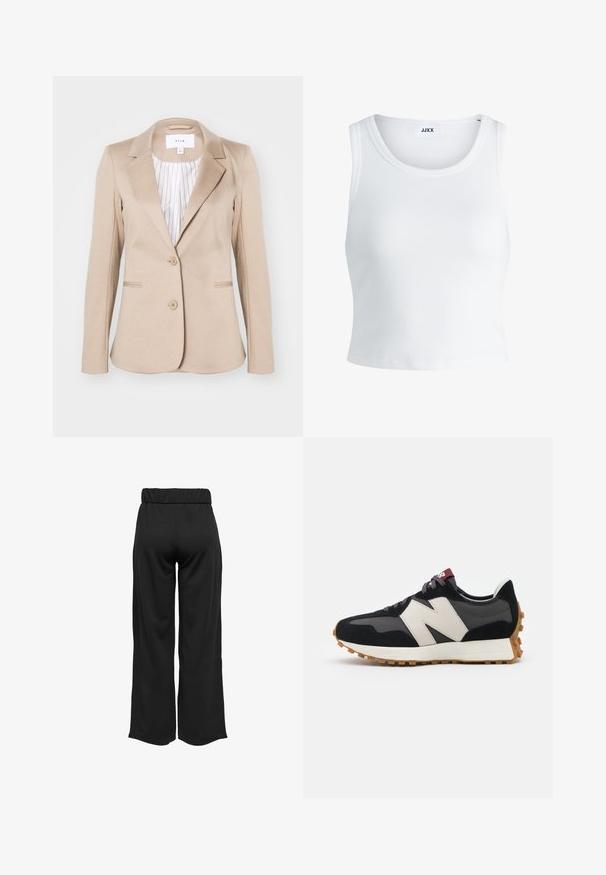 VILA VISAGA - Blazer - silver mink; Hvit ribbestrikket tank topp med rund hals, uten ermer og croppe lengde. Merket leser "JJXX." Glatt stoff tekstur.; Svarte, vide bukser med elastisk midje, laget av glatt stoff. Har et rent design uten lommer eller synlige sømmer.; Sorte og grå sued sneakers med et stort cremefarvet "N" logo, lilla snørebånd og en tekstureret gummisål.