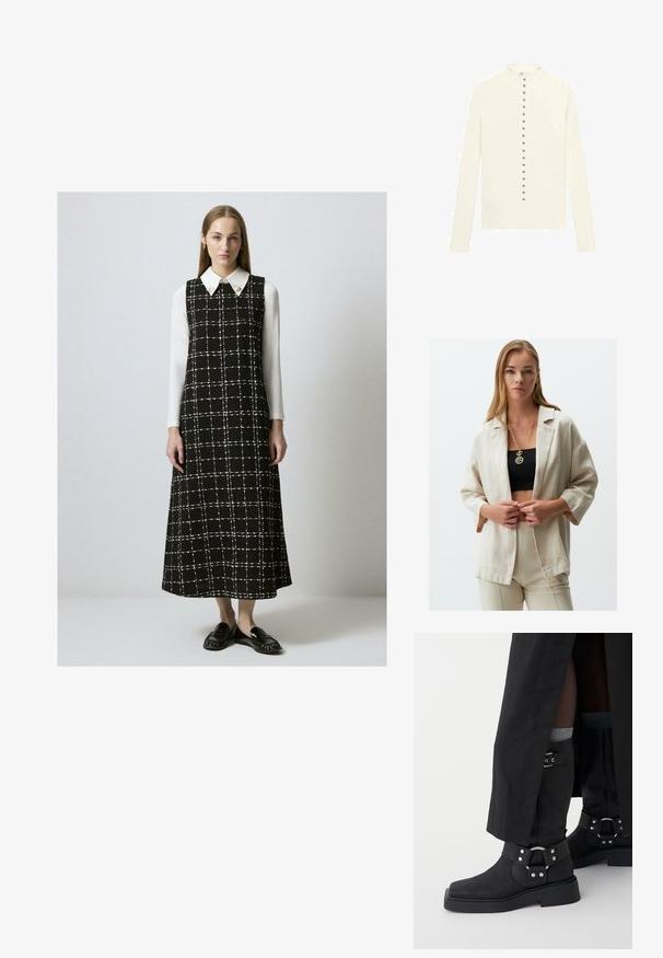 Blazer en lin beige avec une coupe décontractée, doté de manches 3/4 et d'un devant ouvert. Associé à un crop top noir et à un pantalon beige. Collier en or visible.; Cardigan crème à manches longues avec un col rond et une rangée de boutons métalliques au centre. Texture lisse, sans motifs.; Femme portant une robe sans manches à carreaux noir et blanc sur une chemise blanche à manches longues, associée à des mocassins noirs, se tenant devant un fond uni.; Bottines noires en cuir à finition mate, avec un embout carré et des boucles décoratives. La semelle est épaisse et texturée.