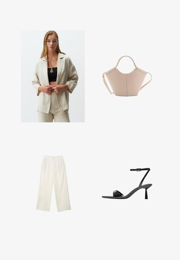 Beige Leinenblazer mit lockerer Passform, 3/4-Ärmeln und offenem Frontdesign. Kombiniert mit einem schwarzen Crop-Top und beigen Hosen. Goldene Halskette sichtbar.; Weißes Baumwoll-T-Shirt mit Rundhalsausschnitt und kurzen Ärmeln. Es hat eine glatte Textur und eine einheitliche, feste Farbe ohne Muster.; Helle Stoffhose mit weitem Bein und glatter Textur, ausgestattet mit einem einzelnen Knopf vorne, dezenten Falten und einem Hochbund-Design.; Bershka High Heel Sandalette - black; Beige Lederhandtasche mit einer einzigartigen Form, die zwei kurze Henkel und einen langen verstellbaren Riemen aufweist. Glatte Textur mit minimalen Hardware-Elementen.