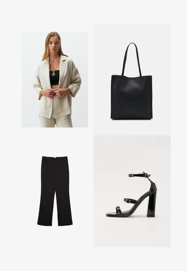 Beige Leinenblazer mit lockerer Passform, 3/4-Ärmeln und offenem Frontdesign. Kombiniert mit einem schwarzen Crop-Top und beigen Hosen. Goldene Halskette sichtbar.; Schwarzes, kurzärmeliges, bauchfreies T-Shirt mit rundem Halsausschnitt und einfachem Design, flach auf weißem Hintergrund liegend.; Schwarze Hose mit geradem Schnitt, ausgestattet mit Fronttaschen und Seitenschlitzen am Saum. Hergestellt aus weichem, glattem Stoff. Geeignet für verschiedene Anlässe.; Schwarze patentierte Sandalen mit Absatz, quadratischer Spitze, Knöchelriemen und silbernen Schnallen. Mit einem stabilen Blockabsatz für mehr Stabilität.; Schwarze Laptoptasche aus Leder mit glatter Textur, rechteckiger Form und zwei langen Griffen. Keine sichtbaren Beschläge oder Verzierungen.