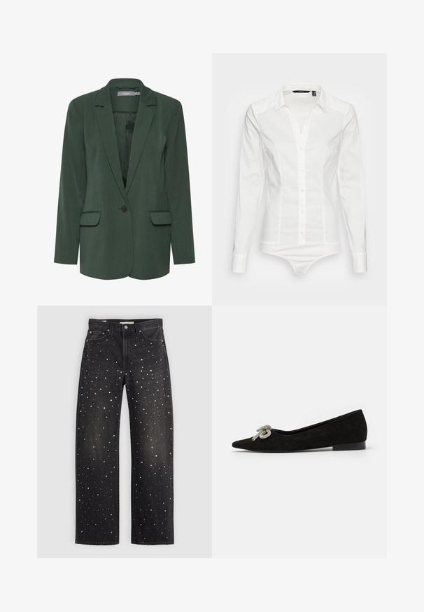 Roheline kohandatud bleiser, millel on lõikega krae, ühekohaline klõps, ja kaks eesmist taskut. Valmistatud tekstureeritud kangast, millel on sile vooder.; Vero Moda Tall VMLADY G STRING - Nööpidega pluus - snow white; Mustad denim püksid, millel on lahtine lõige, kaetud hajusate hõbe-, kulla- ja valgete punktidega. Klassikalised taskud ja metallist detailid.; Must mustast nahkking jalanõud terava varbaga, kaunistatud esiosas dekoratiivse hõbedase paelaga, madala kontsaga.