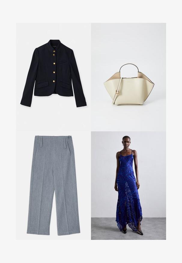 Marinefarbene, strukturierte Jacke mit Stehkragen, goldenen Knopfverschlüssen, zwei Vordertaschen und einer Brusttasche. Taillierte Passform.; Zwei figurbetonte Tanktops in Schwarz und Weiß. Aus geripptem Baumwollmaterial hergestellt, verfügen sie über breite Träger und runde Ausschnitte. Branding am Kragen.; Hellgraue, weit geschnittene Hosen aus strukturiertem Stoff, mit zwei vorderen Falten und zwei Seitentaschen. Sauberes, maßgeschneidertes Design.; Maxikleid im blauen und lila Tiermuster mit dünnen Trägern, einem taillierten Oberteil, ausgestelltem Saum und transparenten Überlagerungen.; Ree Projects ANN - Handtasche - beige