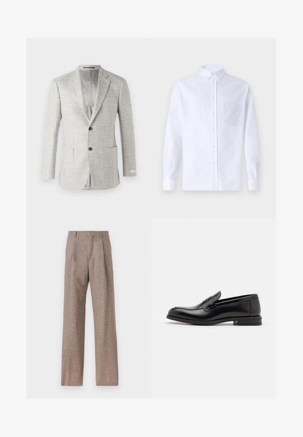 Hellgrauer Blazer mit kariertem Muster, zwei Fronttaschen, Ein-Knopf-Verschluss und grauem Futter. Klassisches, tailliertes Design.; Weißes Langarm-Hemd mit Knöpfen aus Baumwolle, ausgestattet mit einer Brusttasche mit tonalem Stickerei, einem Kragen und Knopfmanschetten.; Braune, hochtaillierte Hose aus strukturiertem Stoff. Mit weitem Bein und zwei vorderen Bügelfalten für zusätzliche Form. Saubere Verarbeitung ohne sichtbare Hardware.; Schwarze Lederloafers mit glatter Textur, rundem Zehenbereich und einem dekorativen Riemen über dem Vorderfuß. Niedriger, gestapelter Absatz, minimalistisches Design.