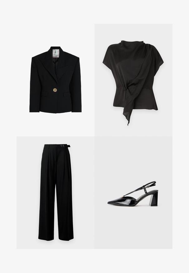 Blazer preto feito de tecido estruturado, com um colarinho notched afiado, fecho de um único botão com detalhe em ouro e dois bolsos frontais.; Blusa preta feita de tecido suave, com um design drapeado e um detalhe com nó na cintura e mangas curtas.; Calças largas pretas de cintura alta, com pregas à frente e um cinto com fivela. Feitas de um tecido liso e leve.; Sapatos de salto alto em couro verniz preto, com biqueira pontiaguda, tira ajustável e salto retangular robusto.