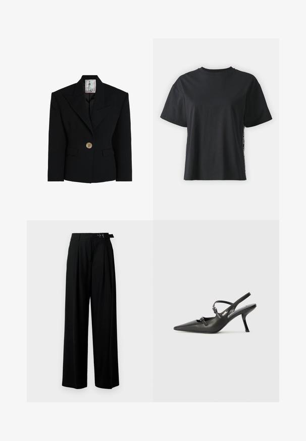 Čierny blejzer vyrobený zo štruktúrovaného materiálu, s ostrým výstrihom s klopami, jedným gombíkom so zlatým akcentom a dvoma prednými vreckami.; Čierne tričko s krátkym rukávom z bavlny, vo voľnom strihu, s kontrastným postranným panelom, na ktorý sú umiestnené malé nápisy a designové detaily.; Čierne široké nohavice s vysokým pásom, skladmi vpredu a opaskom s prackou. Vyrobené z hladkej, ľahkej textílie.; Čierne kožené slingback topánky na vysokom podpätku s ostrou špicou, štíhlym podpätkom a dekoratívnym detailom s prackou na priehlavku. Hladká textúra a elegantný dizajn.