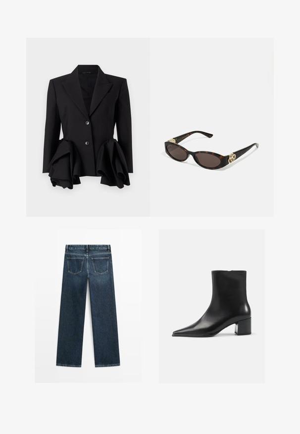 Černý blejzr s pevnou siluetou, výraznými řasami v oblasti pasu, dvěma knoflíky a designem s klopami.; Svetle modrý svetr s dlouhým rukávem a širokým lodičkovým výstřihem, se rovného lemováním, vystavený na bílém pozadí.; Tmavě modré džíny se rovný střih, přední dvě zadní kapsy a viditelné švy podél švů a okrajů.; Černá kožená kotníková bota s špičatou špičkou, hladkým povrchem a středním blokovým podpatkem. Minimalistický design, zapínání na zip na zadní straně.; Brýle sluneční s kočičím vzorem, prodloužené oválné čočky, hnědý odstín, zlaté logo na spáncích a elegantní černé nožičky.