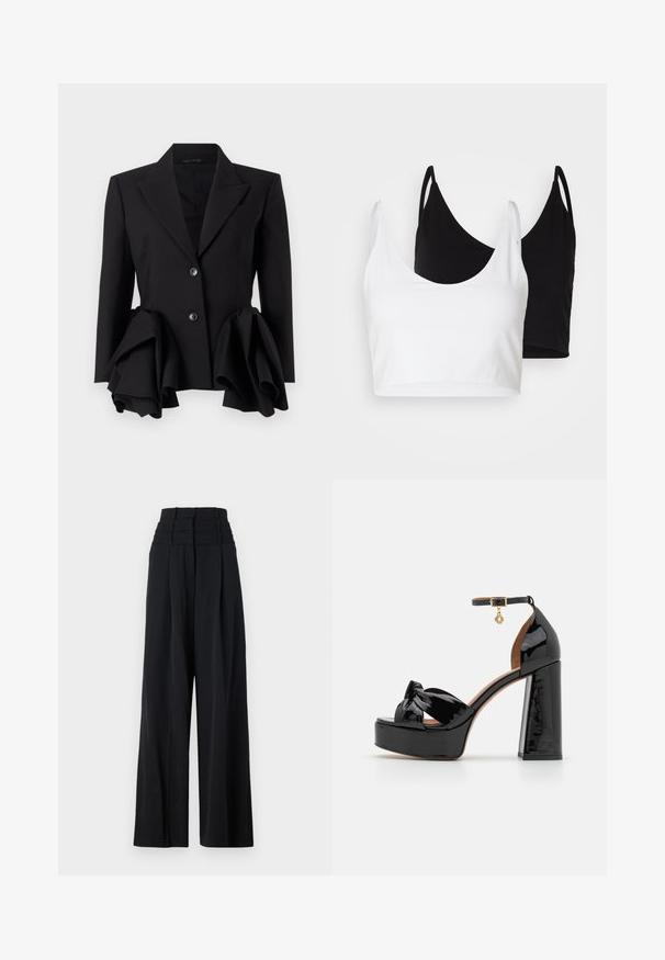 Čierny blejzer s štruktúrovaným siluetou, výraznými riasiacimi akcentami v oblasti pásu, dvoma gombíkmi a klopňovým dizajnom.; Dve bavlnené crop tops v bielej a čiernej farbe. Každý má hlboký výstrih a tenké ramienka, s hladkou, jemnou textúrou.; Čierne nohavice s širokými nohavicami a vysokým pásom, s plisovaním vpredu a hladkou textúrou. Bez viditeľných log alebo vzorov.; Maje Sandále na vysokom opätku - noir