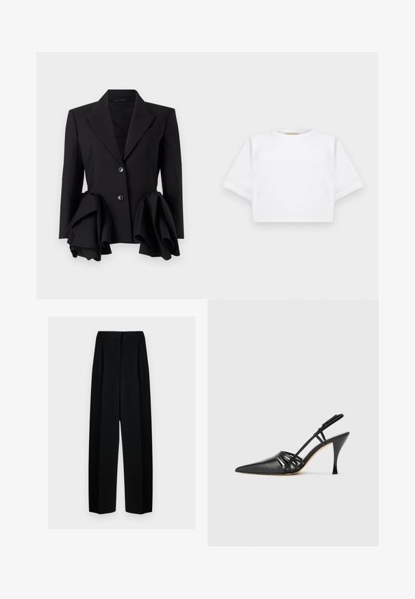 Must mustriiga, millel on struktureeritud siluett, silmapaistvad volangakujulised aktsendid vööl, kaks nööpi ja kaelus, millel on lõige.; Lühikeste varrukatega, pehmest kangast lõigatud valge T-särk, millel on ümar kaelus ja soonikuga ääred. Lihtne ja ilma kaunistusteta disain.; Mustad laiad püksid kõrge vöökohtaga, millel on voldid ja sujuv tekstuur. Kanga välimus on kerge ja see ripub elegantselt.; Must musta kõrgtehnoloogiline suss, terava ninaga, ristcross rihmade disainiga ja õhukese stilettokontsaga. Sile tekstuur ja minimaalne kaunistus.