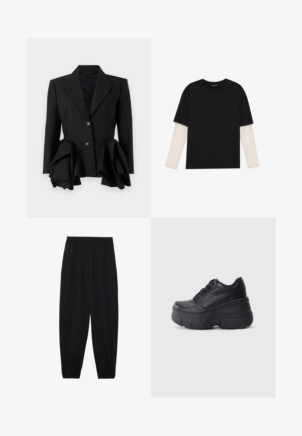 Czarna marynarka o zdefiniowanej sylwetce, z wyraźnymi falbaniastymi akcentami w pasie, dwoma guzikami oraz klapami w stylu notch.; Czarny T-shirt wykonany z bawełny, z krótkimi rękawami na białej warstwie z długim rękawem z delikatnym teksturowanym wzorem. Projekt z okrągłym dekoltem.; Czarne, lekkie spodnie z elastycznym pasem i ściągaczami na kostkach. Materiał jest gładki i ma luźny, zwężany krój.; Czarne sznurowane trampki z masywną podeszwą, z gładkim skórzanym wierzchem, zaokrąglonym noskiem i wyraźnym, warstwowym designem platformy.