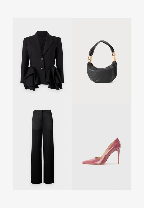 Black blazer featuring a structured silhouette, prominent ruffled accents at the waist, two buttons, and a notch lapel design.; Asymmetrical black top made of textured fabric; features a bow detail on the left shoulder and a fitted design.; Wide-leg black trousers with a textured surface, featuring a flat waistband and two side pockets. The fabric appears lightweight and flowing.; Pink patent leather high-heeled pump with a pointed toe and sleek silhouette, featuring a cut-out detail and a stiletto heel.; Black leather handbag with a round shape, soft texture, and a knotted handle featuring gold-tone hardware accents. Zipper closure.